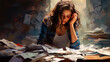 A frustrated young woman sits at a desk littered with overdue bills. A picture of financial strain, debt and uncertainty. Generative AI