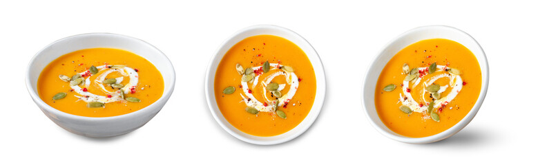 Wall Mural - Pumpkin Soup, Tasty Homemade Pumpkin, Sweet Potato or Carrot Soup in a Bowl on White Background