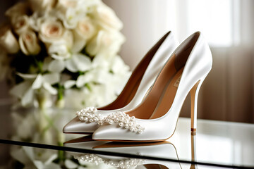 Graceful shoes for the bride's wedding dress are ondressing table.