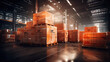 numerous boxes in a warehouse with pallets