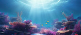 Fototapeta Do akwarium - Amazing under ocean landscape with lots of fishes. Sunrays from above