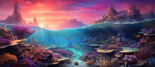 Amazing Under Ocean Landscape With Lots Of Fishes. Sunrays From Above