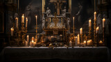 Fototapeta  - A candle-lit altar with religious symbols and no people.