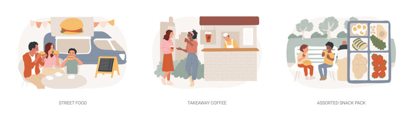 Poster - quick snack isolated concept vector illustration set. street food, takeaway coffee, assorted snack p