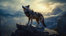 A Wolf At The Top Of The Mountains, In Winter, Meowing, Animal Power, Generative AI