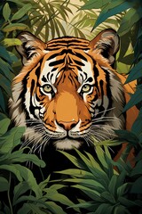 Wall Mural - tiger in a jungle with foliage for decorative print, close-up intensity, animated illustrations, orange and brown, captivating visual storytelling. generative AI