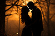 dramatic silhouette of a lucky kissing couple in the rainy sunset