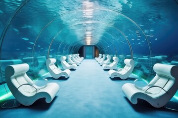 Wall Mural - Underwater Hotel, Luxury Room Under Water, Aquatic Bedroom in Aquarium, Abstract Generative AI Illustration