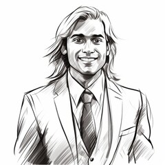 Smiling Adult Indian Man with Blond Straight Hair Sketch Illustration. Portrait of a Business person isolated on white background. Creative Doodle Drawing. Ai Generated Square Illustration.