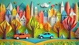 Fototapeta  - City traffic concept. colorful paper cut style illustration with city skyline background. ai generated