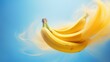  a bunch of bananas floating in the air with a splash of water on it's side and a blue sky in the background, with a few white clouds.