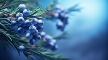  A Close Up Of A Branch Of A Tree With Blue Berries On It, With A Blue Sky In The Background, With A Blurry Image Of The Branches.