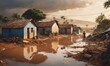 Flooding on an African country, washed out roads, damaged houses and piles of rubbish. The overflow flood after heavy rains. Natural disaster, global heating concept