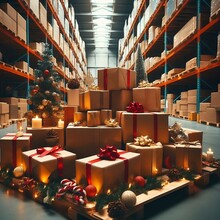 Christmas time warehouse table with gifts boxes in warehouse and parcels boxes ready to deliver created with generative ai