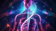 3d Rendering Illustration Human DNA Anatomy With Neon Light. AI Generated Image
