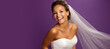 Beautiful Happy Laughing Bride on a Purple Background with Space for Copy