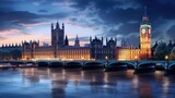 Fototapeta Big Ben - Illuminated Clock Tower in Cityscape with Reflection on River