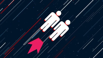 Poster - Man with man symbol flies through the universe on a jet propulsion. The symbol in the center is shaking due to high speed. Seamless looped 4k animation on dark blue background with stars
