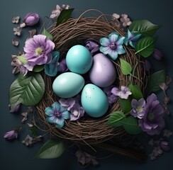  hd easter eggs in a nest, green leaves and flower,