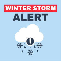 winter storm alert. heavy snow combined with freezing rain and strong winds. cloud icon with exclama