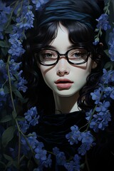 Canvas Print - androgynous feminine East Asian person in glasses, squeezing a wisteria flower, cyan eyes, calm whimsical and serene beauty, dark black and light beige, detailed illustration. generative AI