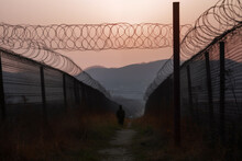 Border Crossing In North Korea. Border Of South Kore And North Korea. Border Control With Barbed Wire On Fence. Border Guard, Military Man Guarding Border. Guard Troops And Military Troop.