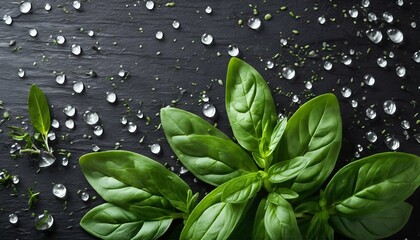 Poster - Fresh basil, oregano, rosemary with dew drops - vibrant green foliage, culinary ingredients, divided sections, macro texture, herbal garden