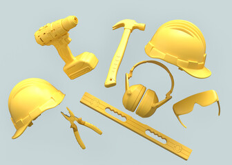 Wall Mural - Flying view of monochrome construction tools for repair on grey background