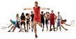 Sport collage. Fitness, Tennis, taekwon-do, karate, MMA, basketball. Sports banner