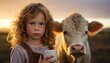 Young girl enjoying a glass of pure milk, standing beside a docile cow in a charming farm setting