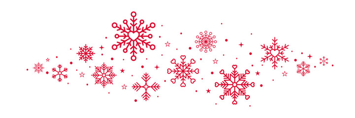 Aufkleber - Christmas border with red snowflakes, hearts and stars isolated on transparent background. Vector graphics design for New year or Valentine's day decorations   