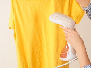 Wall Mural - A girl irons things using a steamer; delicate ironing of clothes