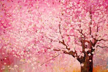 Wall Mural - Cherry Tree in Bloom Painting Brush Strokes on Canvas Texture