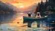 Two pug dogs sitting in a boat on a lake digital painting 