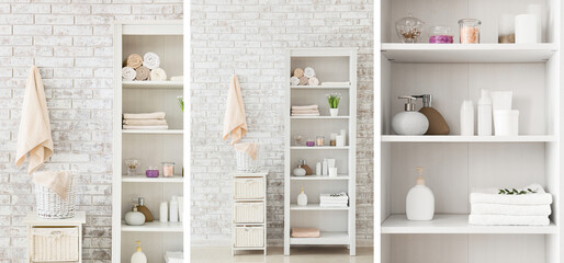 Poster - Collage of shelving units with towels and cosmetics near brick wall in bathroom