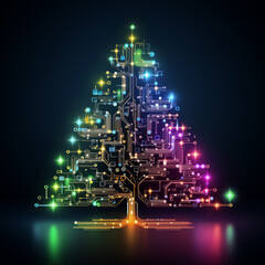 Poster - A conceptual Christmas tree designed with neon-lit electronic circuits on a black background, blending technology with holiday tradition