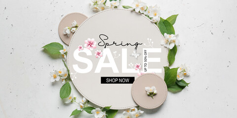 Wall Mural - Beautiful flowers and card with text SPRING SALE on light background