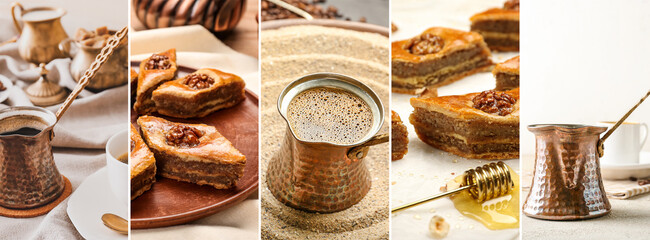 Wall Mural - Collage of tasty Turkish baklava and coffee on table