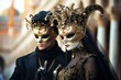 Elegant people in masquerade carnival mask at Venice Carnival. Beautiful women and men wearing venetian mask