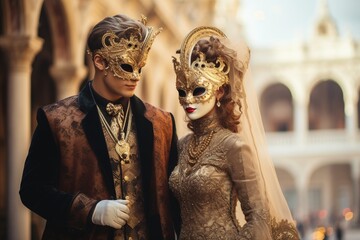 Sticker - Elegant people in masquerade carnival mask at Venice Carnival. Beautiful women and men wearing venetian mask