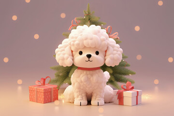 Wall Mural - Curly little 3d dog sitting in front of the Christmas tree. Pet and winter holidays. 3d style