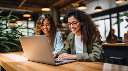 two latina women working on a laptop