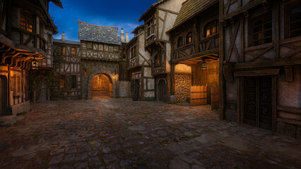 Aufkleber - Fantasy medieval village street in the evening. 3D rendering.