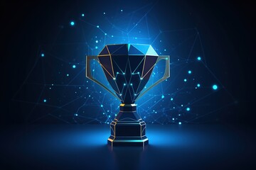 Trophy cup form lines and triangles, point connecting network on blue background. sport cup, champion's cup. Polygon vector wireframe concept 