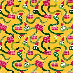 Christmas cartoon animals seamless snake and Santa hat pattern for new year wrapping paper and fabrics