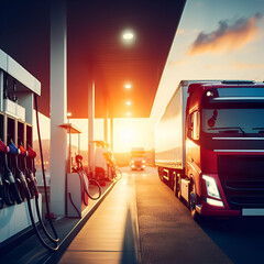 Wall Mural - Trucks refueling in petrol station, Transportation vehicle, Business logistics, delivery transport, cargo logistic concept. Freight shipping, at sunset background.