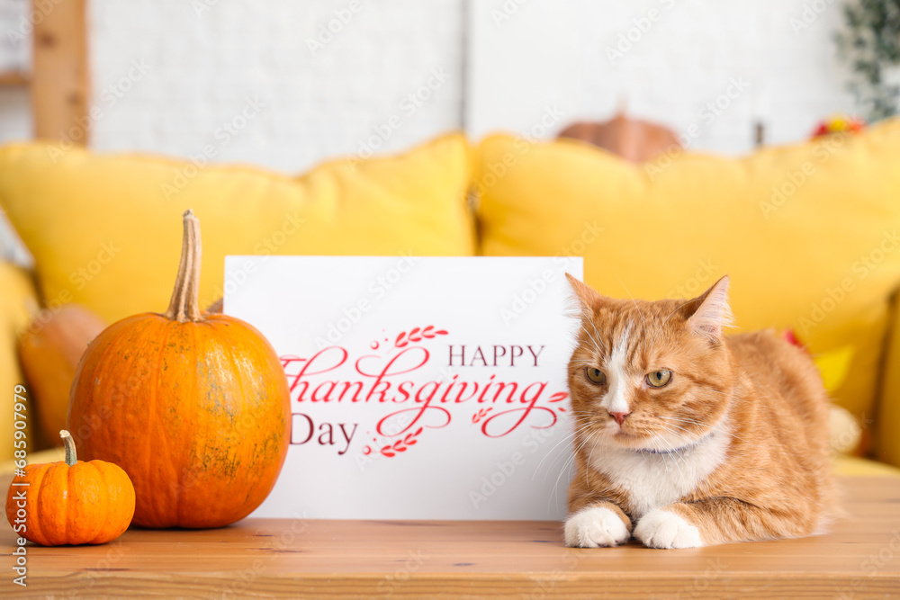 Cute cat with pumpkins and card for Thanksgiving Day on table at home