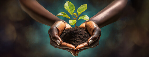 Hands holding green sprout plant sapling on abstract background. Concept eco, save Planet Earth and World sustainable development goals. African American woman cares about new life.