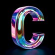 Glowing neon font letter C in 3d shape with iridescent neon colorful design. Dark background, vibrant graduated rainbow colors. 