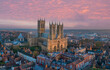 Lincoln, UK. Cathedral and City at sunset. Aerial view of the British city of Lincoln United Kingdom. Steep Hill and historic church